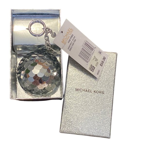 Michael Kors Silver Disco Pom Pom Keychain NIB New with Tags ib Box - Picture 5 of 7